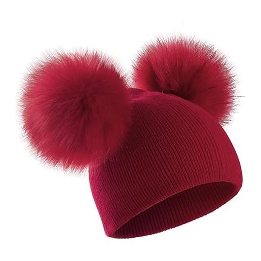 Cozylkx cappello con pompon doppio in pelliccia sintetica per bambini, berretto lavorato a maglia, per ragazze da 0 a 5 anni