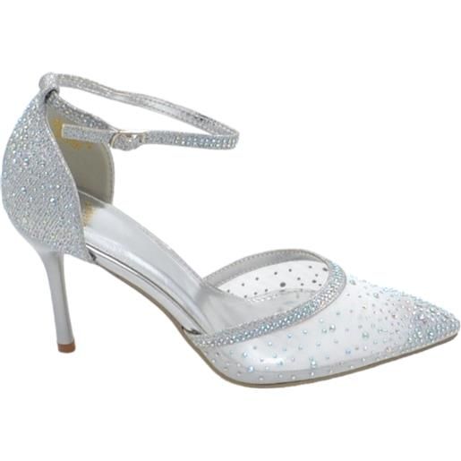 Malu Shoes scarpe decollete donna elegante punta in tessuto argento trasparente tacco 10 cm cinturino alla caviglia strass glitter