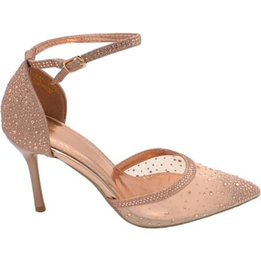 Malu Shoes scarpe decollete donna elegante punta tessuto champagne trasparente tacco 10 cm cinturino alla caviglia strass glitter