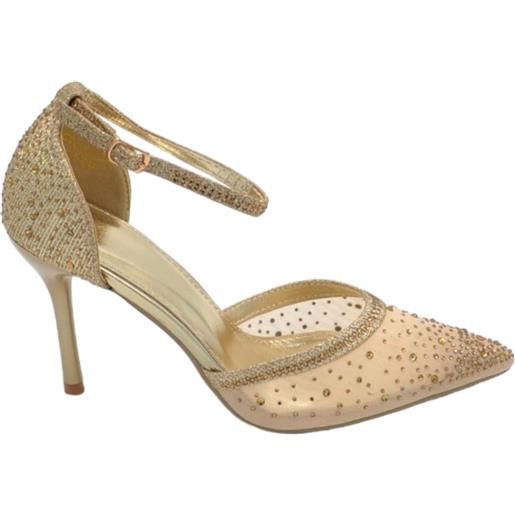 Malu Shoes scarpe decollete donna elegante punta tessuto oro gold trasparente tacco 10 cm cinturino alla caviglia strass glitter