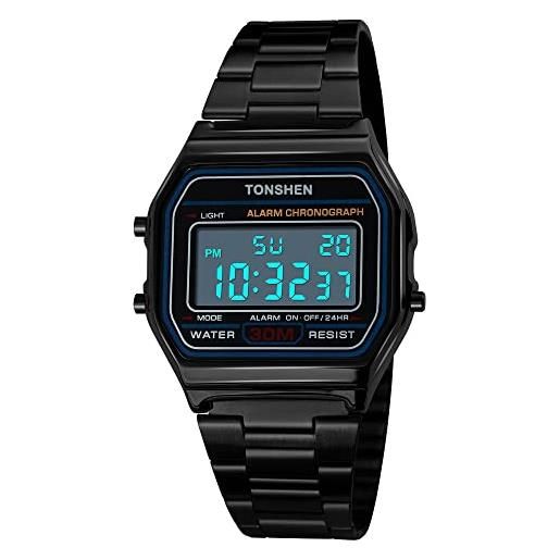 TONSHEN unisex sportivo orologi da polso led elettronico acciaio inossidabile digitale orologio uomo e donna allarme cronometro (nero)