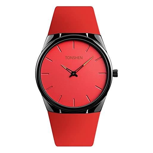 TONSHEN fashion unisex uomo e donna acciaio inossidabile cassa e gomma cinturino analogico quarzo orologio (rosso)
