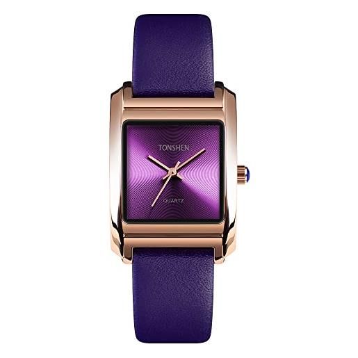 TONSHEN orologi da polso da donna e ragazza analogico quarzo acciaio inossidabile cassa e pelle cinturino orologio (viola)