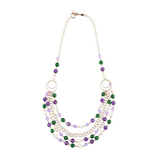 ECLETTIKA, collana in argento 925 - placcata oro rosa con perle e pietre naturali - giada lilla - agata verde - ametista - perla bianca di fiume