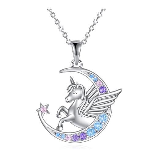 VONALA collana con unicorno arcobaleno, in argento 925, con luna e stella, unicorno, gioiello per bambini, regalo di compleanno, argento sterling, zirconia cubica