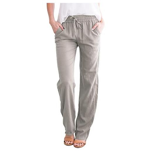 Saklifuo pantaloni da donna in cotone e lino tinta unita con coulisse elastica a vita alta casual pantaloni larghi larghi con tasche, grigio chiaro, l