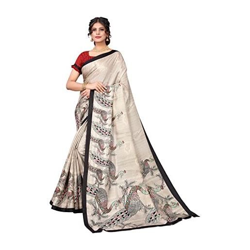 BishtHub Fashion sari indiano di seta di cotone di design da donna con camicetta non cucita pezzo, crema e viola. , taglia unica