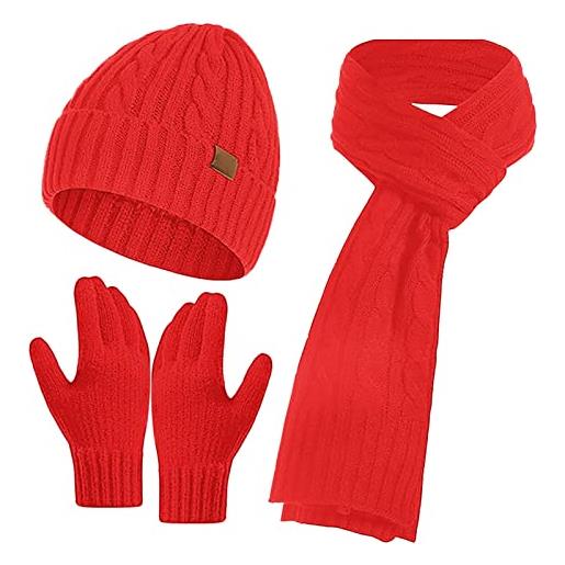 MaNMaNing cappelli sciarpa guanti set invernale da donna guanti sciarpa cappello in lana lavorata a maglia uomo e donna in pile freddo caldo set di tre pezzi ultra morbido elastico addensare (red, one size)