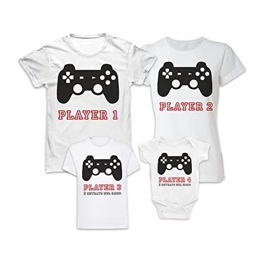 Bulabadoo set magliette famiglia - body neonato - player 4-3 - 2-1 - play - gamers - pad - videogiocatore - console - famiglia - 4 - coordinate - family - in casa - idea regalo