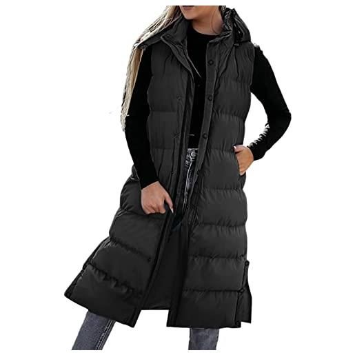 MJGkhiy gilet donna invernale lungo casual giacca con cappuccio con cerniera gilet di piuma caldo smanicato piumino giubbino smanicato con tasche outerwear giacca senza maniche giacca gilet