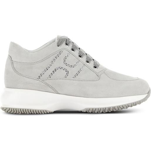 Hogan Interactive Donna - Sneaker In Camoscio E Tessuto Lurex Beige E Oro, Suola Gomma 5,7 Cm