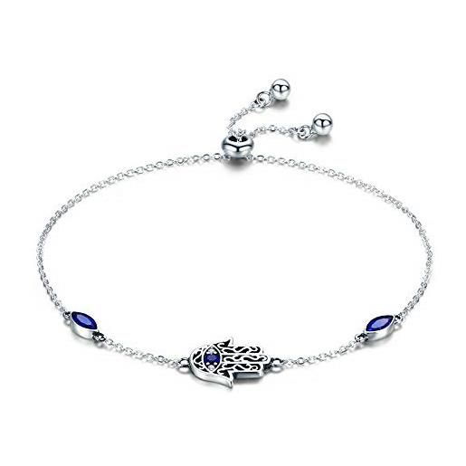 Newl 925 sterling silver lucky hamsa fatima mano catena di collegamento braccialetti per le donne blu cz gioielli d'argento