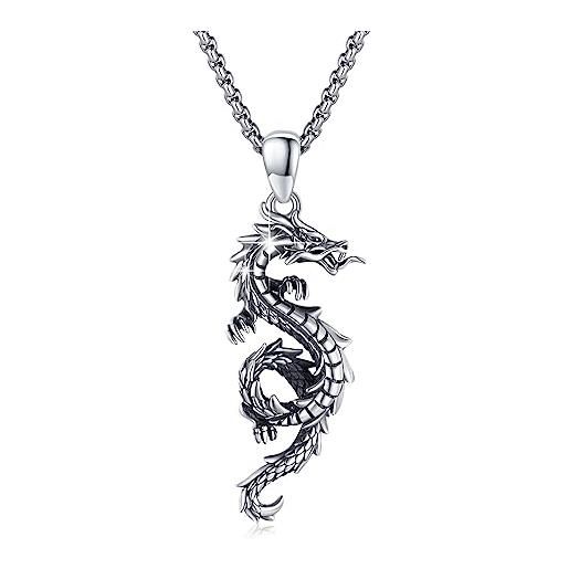 CUOKA MIRACLE collana con drago, in argento sterling 925, da uomo, con ciondolo a forma di drago, unisex, ossidato, regalo di san valentino, per uomini e ragazze, argento sterling