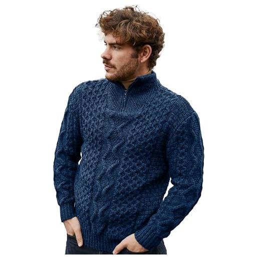 SAOL maglione uomo irlandese pescatore maglione in lana con cerniera prodotto in irlanda, blu oceano, xxl