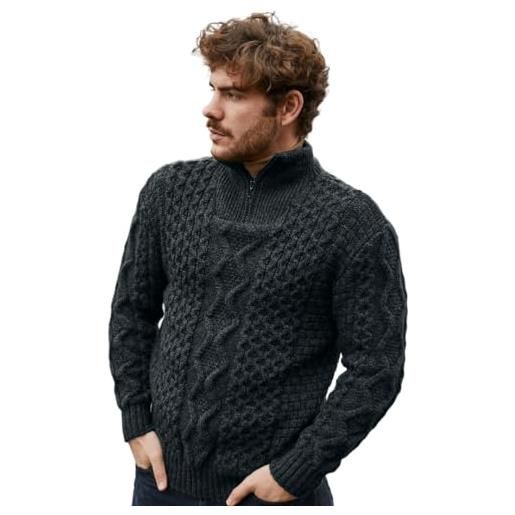 SAOL aran - maglione da uomo irlandese pescatori in lana con collo a zip, carbone, l