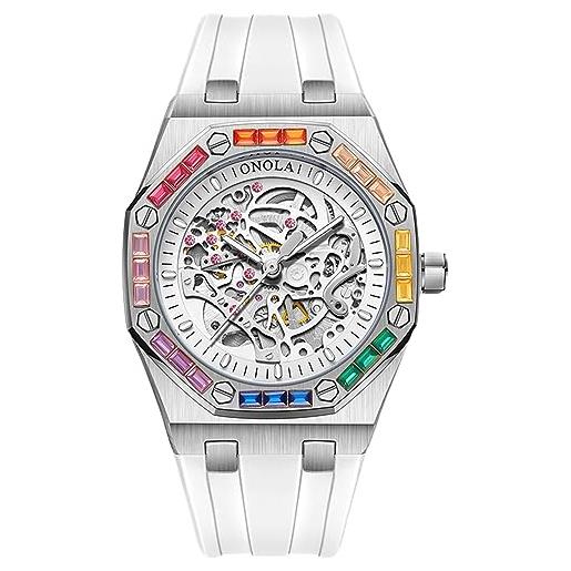 RORIOS orologio da uomo automatico meccanico orologi da polso scheletrato impermeabile orologi colorato diamante orologi bello cinturino in silicone bianco argento