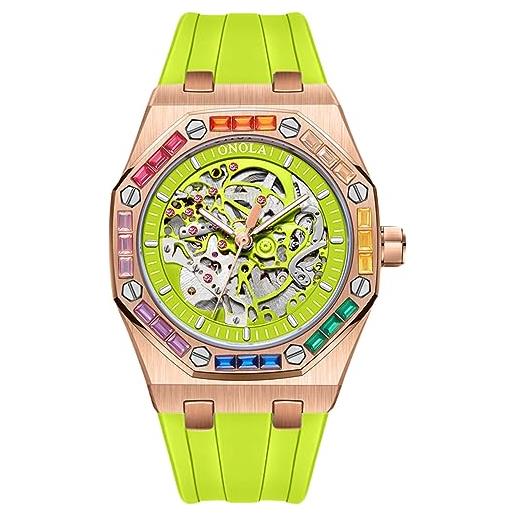RORIOS orologio da uomo automatico meccanico orologi da polso scheletrato impermeabile orologi colorato diamante orologi bello cinturino in silicone rosa verde