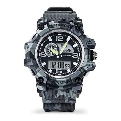 PINDOWS orologio militare uomo, retroilluminazione a led puntatori digitali casual watch, esterni sportivo orologio militare tattico, 50 m impermeabile elettronico casual wristwatch, blue camouflage