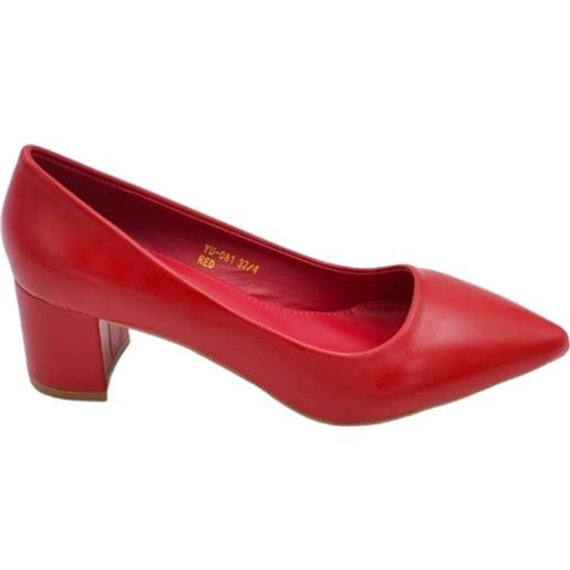 Malu Shoes decollete' scarpa donna basso a punta in pelle rosso intenso con tacco quadrato 4 cm linea basic