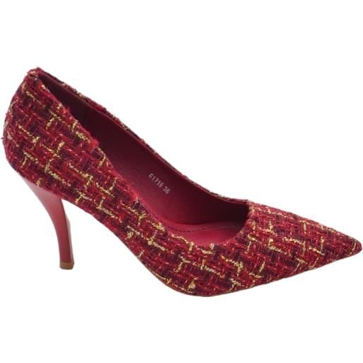 Malu Shoes decollete scarpa donna a punta in tessuto tartan rosso bianco e nero con tacco cono 10 cm moda