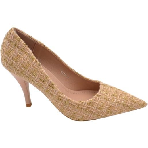 Malu Shoes decollete scarpa donna a punta in tessuto tartan beige bianco e oro con tacco cono 10 cm moda