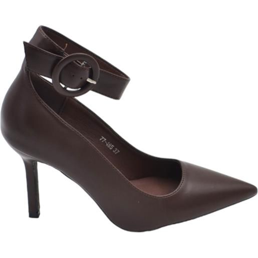 Malu Shoes scarpa decollete donna marrone in pelle a punta con cinturino largo alla caviglia tacco a spillo 120
