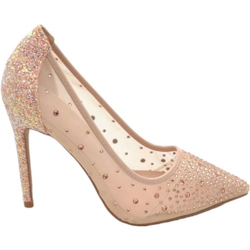 Malu Shoes decollete scarpa donna elegante oro rosa con trasparenze e brillantini tono su tono tacco a spillo 12 evento glamour