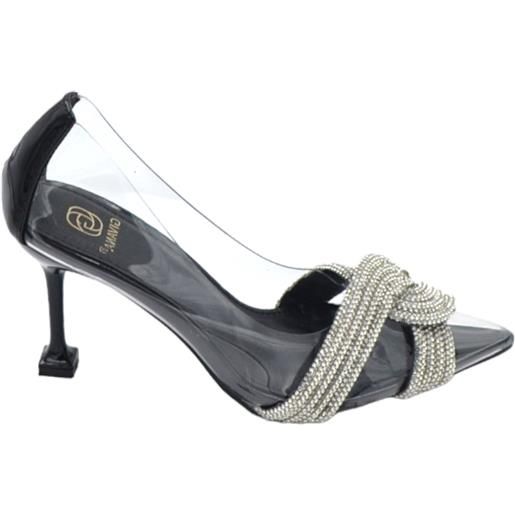 Malu Shoes decollete scarpa donna a punta nero trasparente con nodo argento gioiello brillantino tacco martini 10 elegante evento