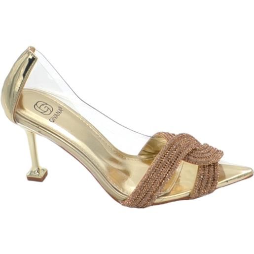 Malu Shoes decollete scarpa donna a punta trasparente con nodo oro gioiello brillantino tacco martini 10 elegante evento glam