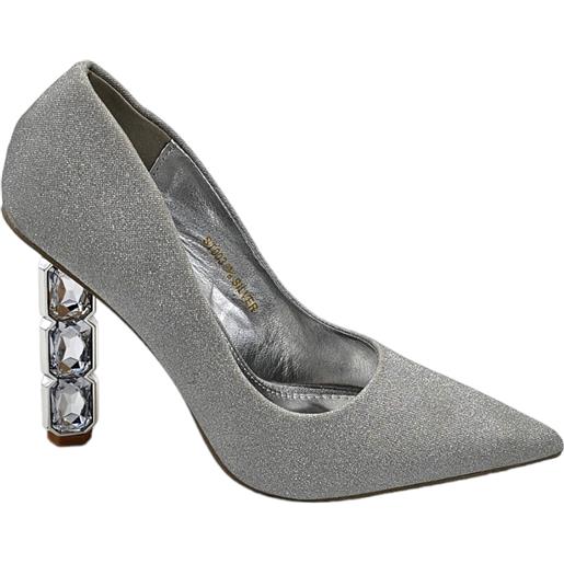 Malu Shoes decollete a punta donna scarpa elegante glitter argento con tacco gioiello triangolare 10 cm