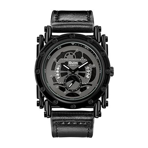 JewelryWe orologio da polso da uomo con scheletro analogico al quarzo, in pelle nera e punk, con calendario rotondo