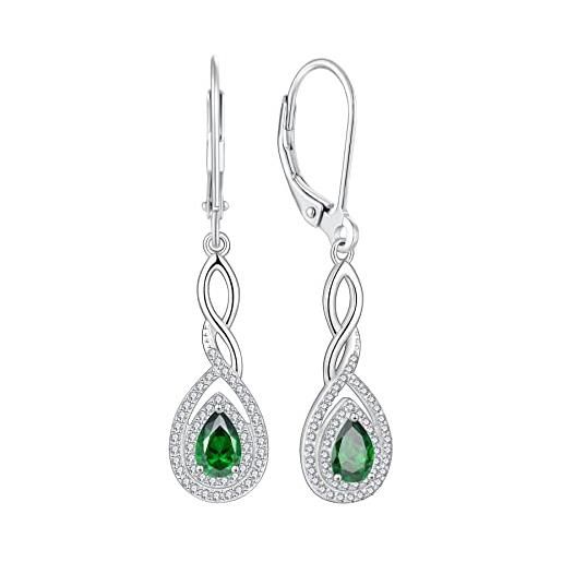 FJ orecchini infinito donna argento 925 orecchini pendenti goccia orecchini smeraldo maggio pietra portafortuna gioielli per donna amiche moglie mamma lei
