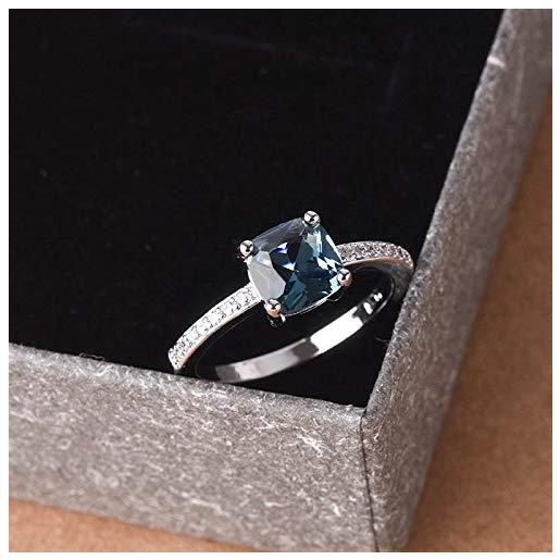 Sdouefos 14k oro bianco placcato pavone topazio blu quadrato diamante anello pietra preziosa anello acquamarina pietra preziosa nuziale anello per le donne, 16 1/2, argento sterling