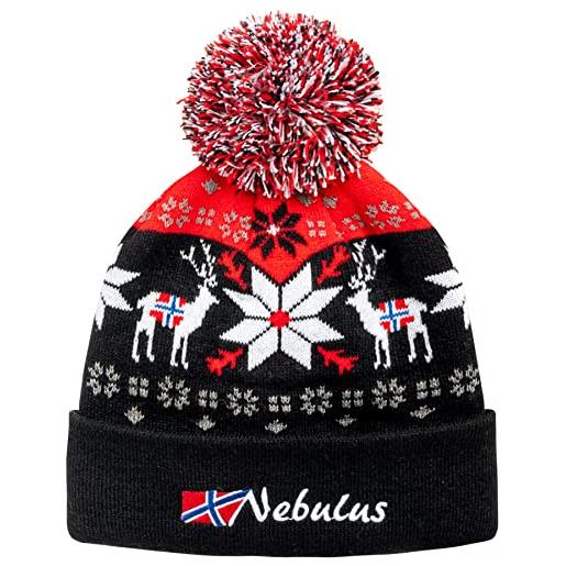 Nebulus berretto unisex inverno, con motivo norvegese, con pompon, nero-bianco, taglia unica