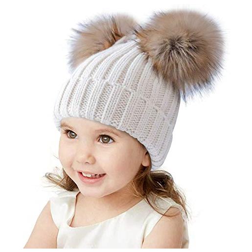 BrillaBenny cappello cuffia bianco doppio pon pon vera pelliccia murmasky 1-3 anni bambina cappellino lana hat luxury baby