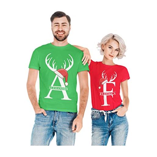 Colorfamily coppia t-shirt magliette natale natalizie personalizzabili con nome lui e lei personalizza iniziale e nome