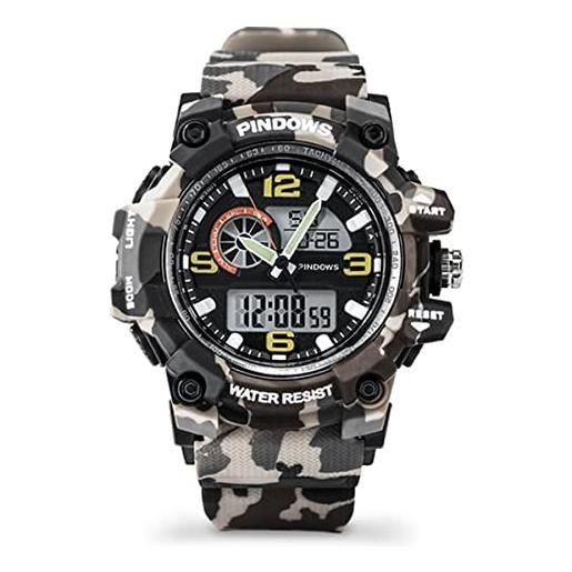 PINDOWS orologio militare uomo, retroilluminazione a led puntatori digitali casual watch, esterni sportivo orologio militare tattico, 50 m impermeabile elettronico casual wristwatch, light camouflage