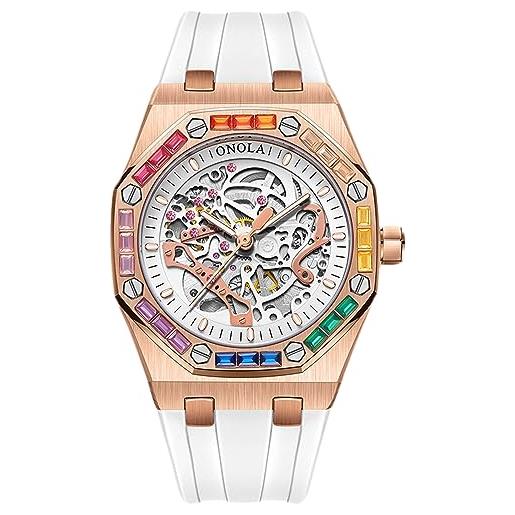 RORIOS orologio da uomo automatico meccanico orologi da polso scheletrato impermeabile orologi colorato diamante orologi bello cinturino in silicone rosa bianca