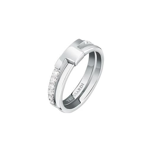 Trussardi t-logo anello donna in acciaio, zirconi - tjaxc42012