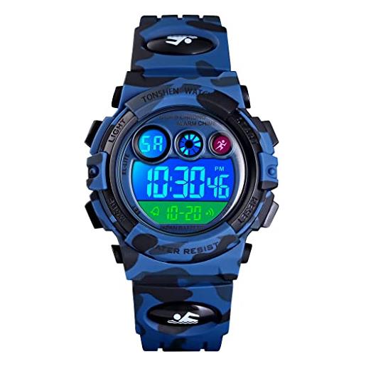 TONSHEN orologio ragazzo outdoor sportivo multifunzione multicolore led luce 50m impermeabile led elettronico digitale orologi da polso plastica (blu)