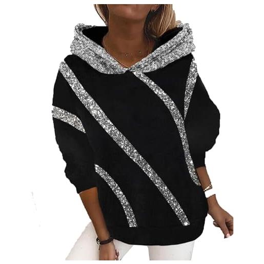 Yeooa donna 2023 moda autunno e inverno hoodie casual manica lunga paillettes glitter felpa con cappuccio grandi dimensioni felpa pullover sciolto abbigliamento trendy (nero, l)