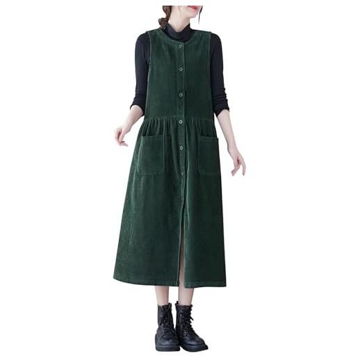 LAEMILIA abito casual da donna in velluto a coste, con bottoni, senza maniche, ampio, di media lunghezza, con tasche, verde, m