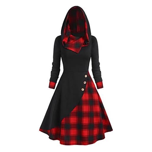 MaNMaNing felpa con cappuccio da donna a maniche lunghe scozzese a blocchi di colore con cappuccio, vestito casual da altalena vestiti donna casual (rosso, xxl)