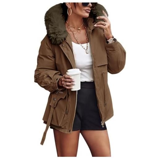 Minetom giacca donna cappotto con cappuccio caldo invernale parka trapuntato con pelliccia artificiale imbottita giubbotto con zip casual manica lunga a marrone xl