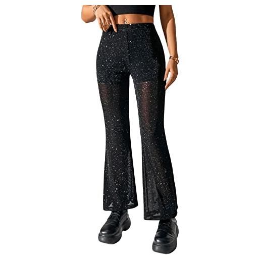 GORGLITTER pantaloni a maglia da donna trasparenti a vita alta, con glitter, nero , xs