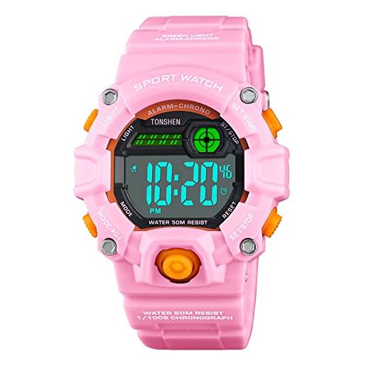 TONSHEN ragazzo ragazza outdoor sportivo digitale orologio led elettronico allarme cronometro plastica cassa e gomma cinturino orologi da polso 50m impermeabile (rosa)