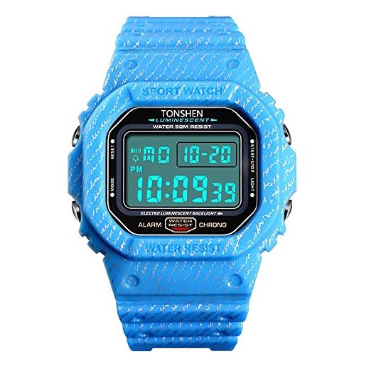 TONSHEN digitale sportivo orologi da polso uomo 50m impermeabile led elettronico allarme cronometro multifunzione plastica orologio (azzurro)