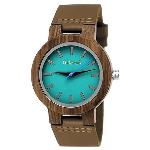 Holzwerk Germany orologio da donna realizzato a mano, in legno ecologico, naturale, analogico, classico, al quarzo, in blu, turchese, marrone, marrone/turchese