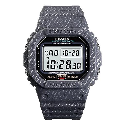 TONSHEN digitale sportivo orologi da polso uomo 50m impermeabile led elettronico allarme cronometro multifunzione plastica orologio (grigio)