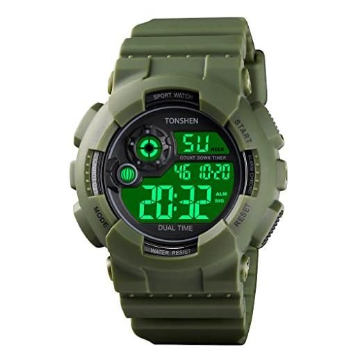 TONSHEN orologio uomo sportivo 50m impermeabile led elettronico doppio tempo outdoor militare digitale orologi da polso allarme cronometro (verde)